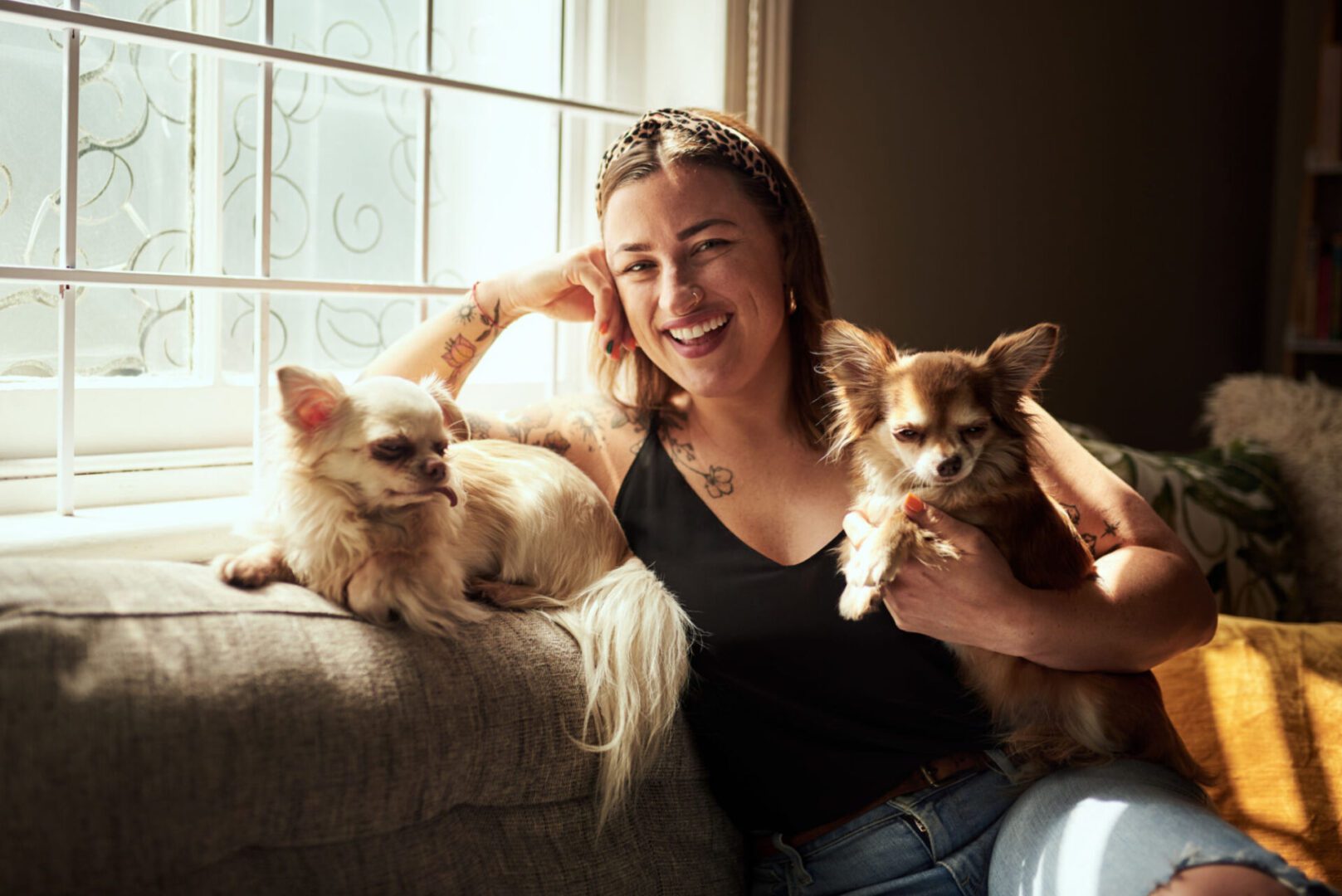 Happy woman cuddling two Chihuahuas on sofa