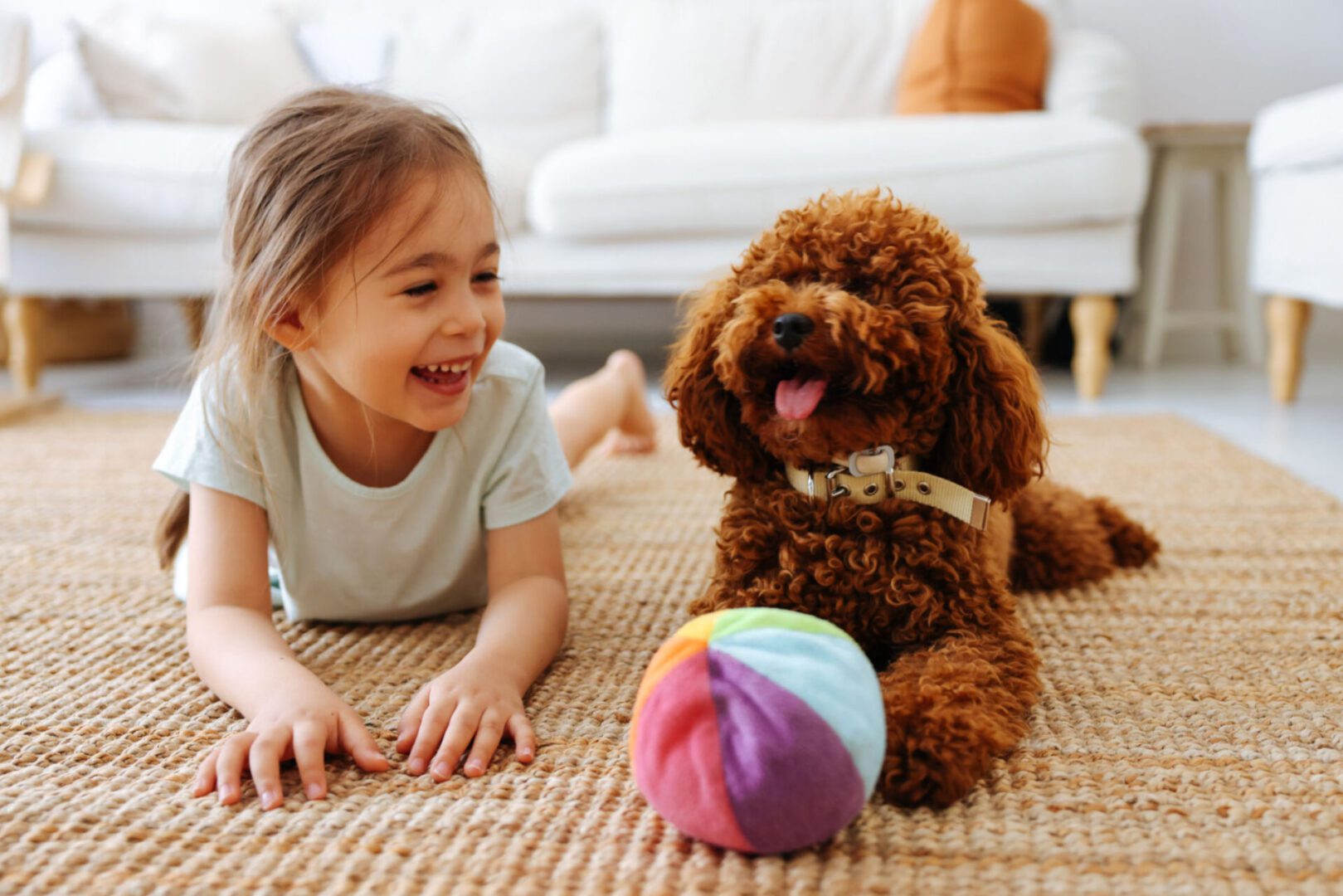 Girl and dog playing on rug