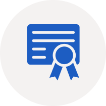 Blue certificate icon with ribbon on white background.