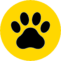 Black paw print icon on a yellow circular background.