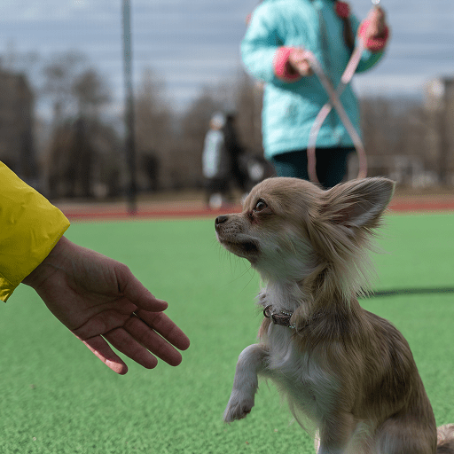 Small dog reaching towards a person's outstretched hand outdoors.