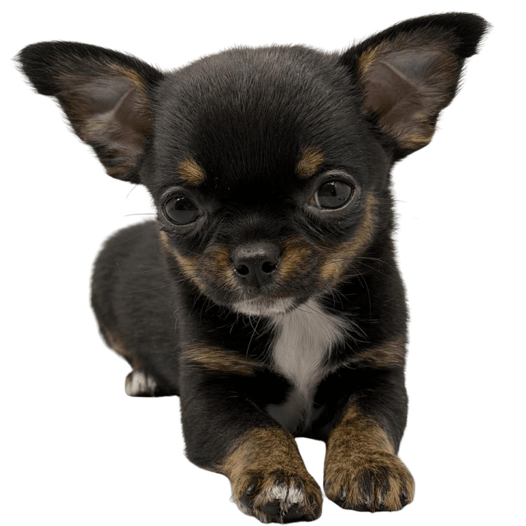 A small black and tan Chihuahua puppy lying down.