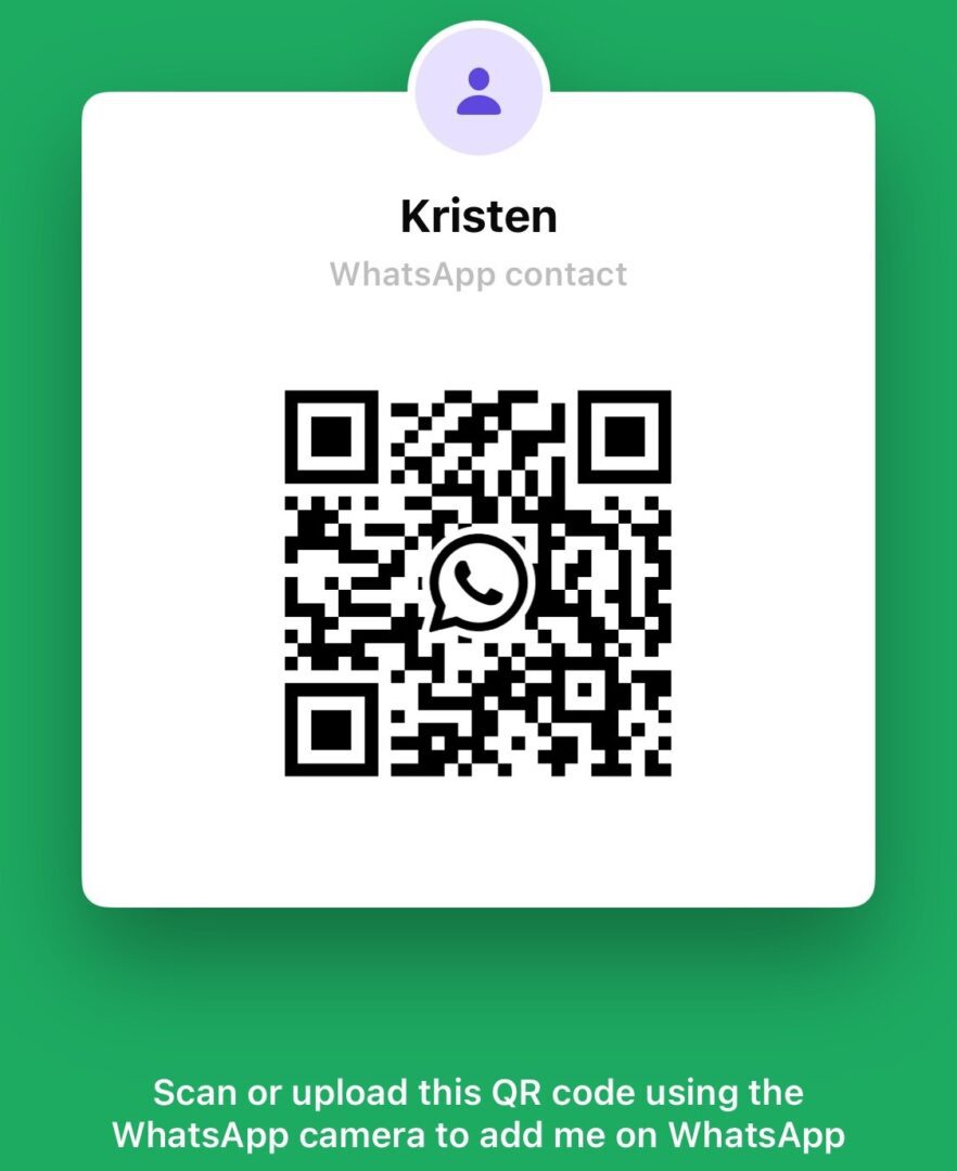WhatsApp contact card displaying Kristen's QR code for easy connection.