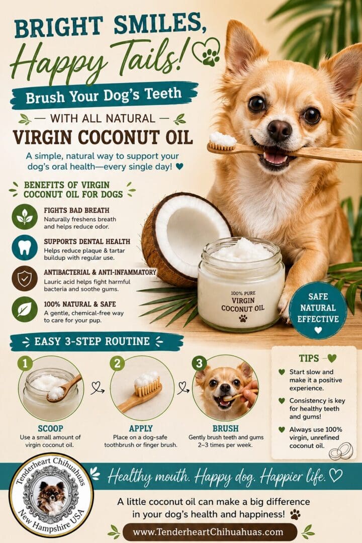 Chihuahua holding toothbrush beside jar of coconut oil